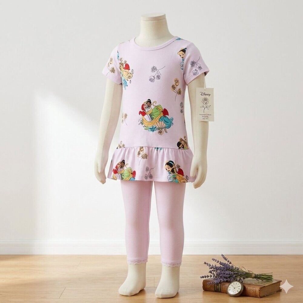 Girls Disney Princess Outfit Set Peplum Tunic Top Shirt Leggings Size SM 5/6